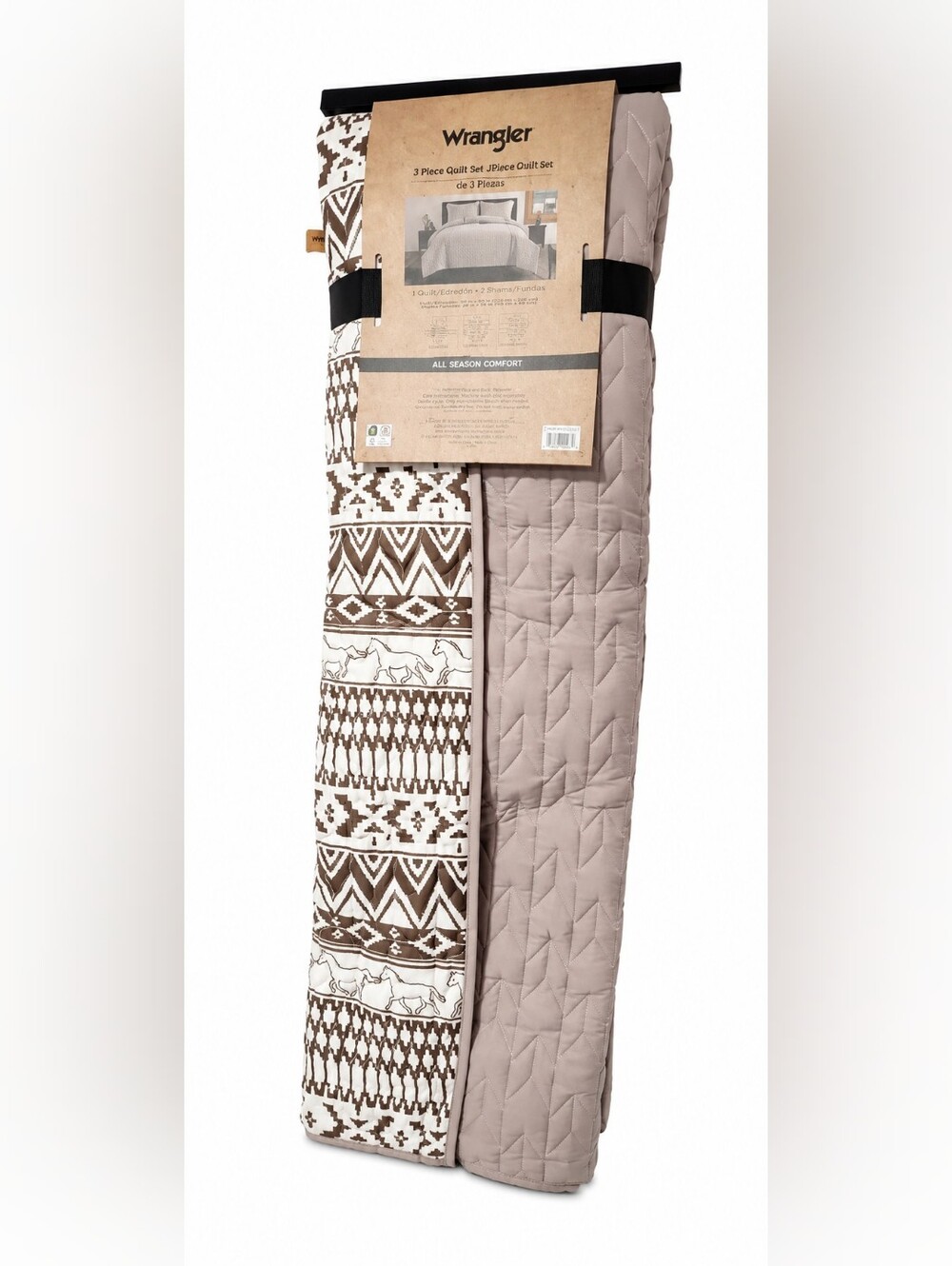 NWT Wrangler Taupe Reversible Quilt Set with Geometric Horse Print